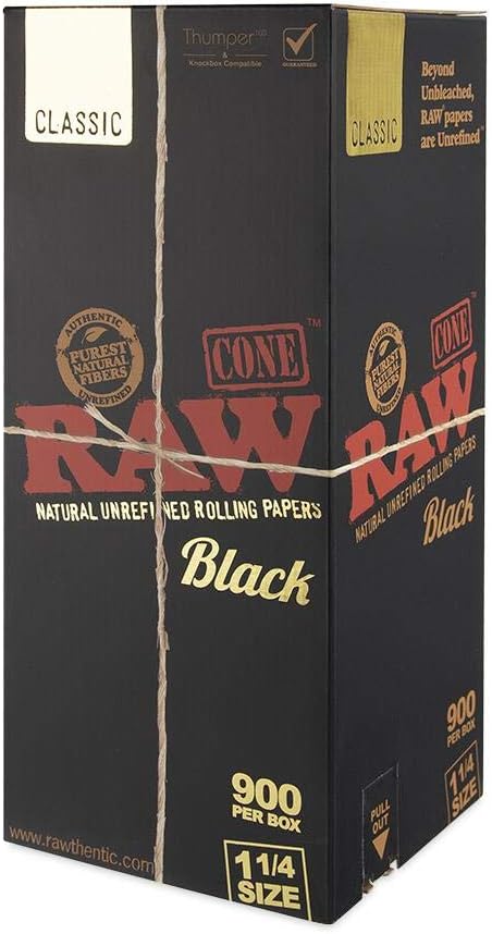 RAW Classic Black Pre-Rolled Cones - Bulk 900 Count (1 1/4 Size) | 1 Box