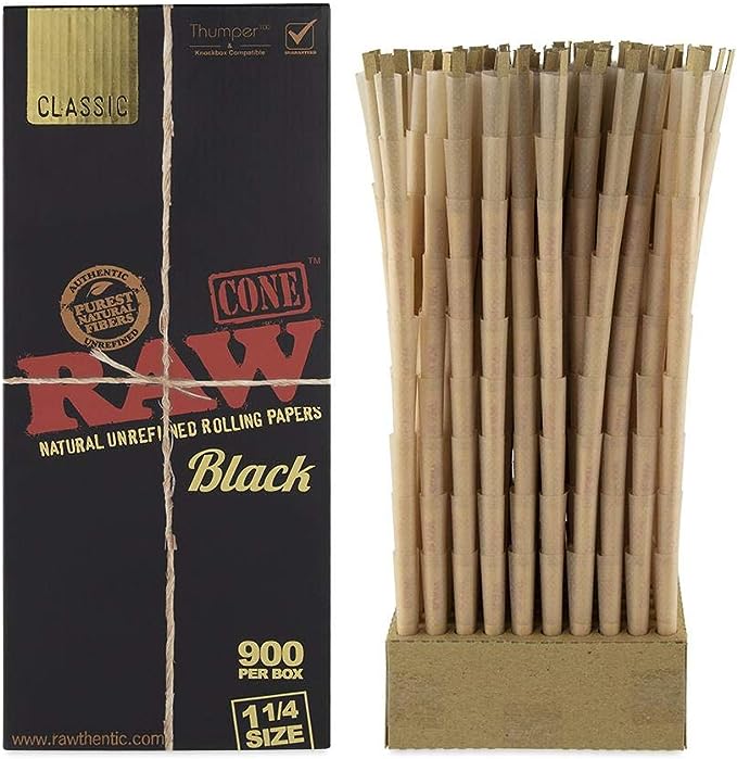 RAW Classic Black Pre-Rolled Cones - Bulk 900 Count (1 1/4 Size) | 1 Box